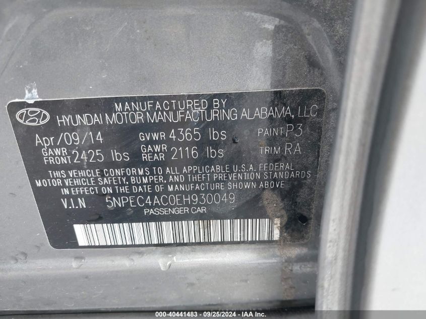 5NPEC4AC0EH930049 2014 Hyundai Sonata Se