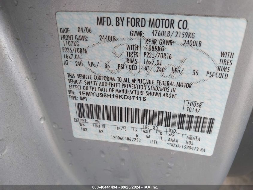 1FMYU96H16KD37116 2006 Ford Escape Hybrid