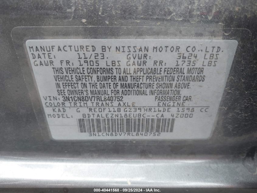 2024 Nissan Versa 1.6 S VIN: 3N1CN8DV7RL840752 Lot: 40441568