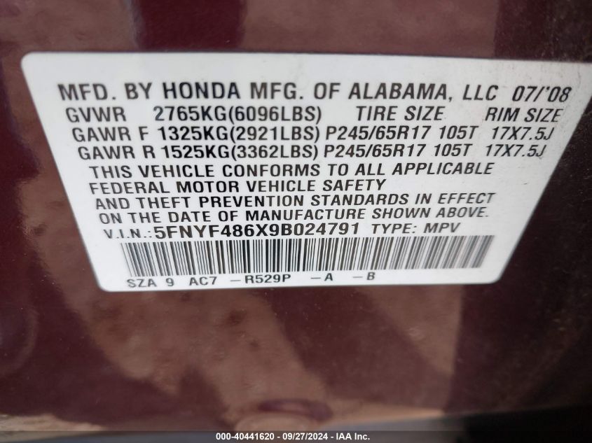 2009 Honda Pilot Ex-L VIN: 5FNYF486X9B024791 Lot: 40441620