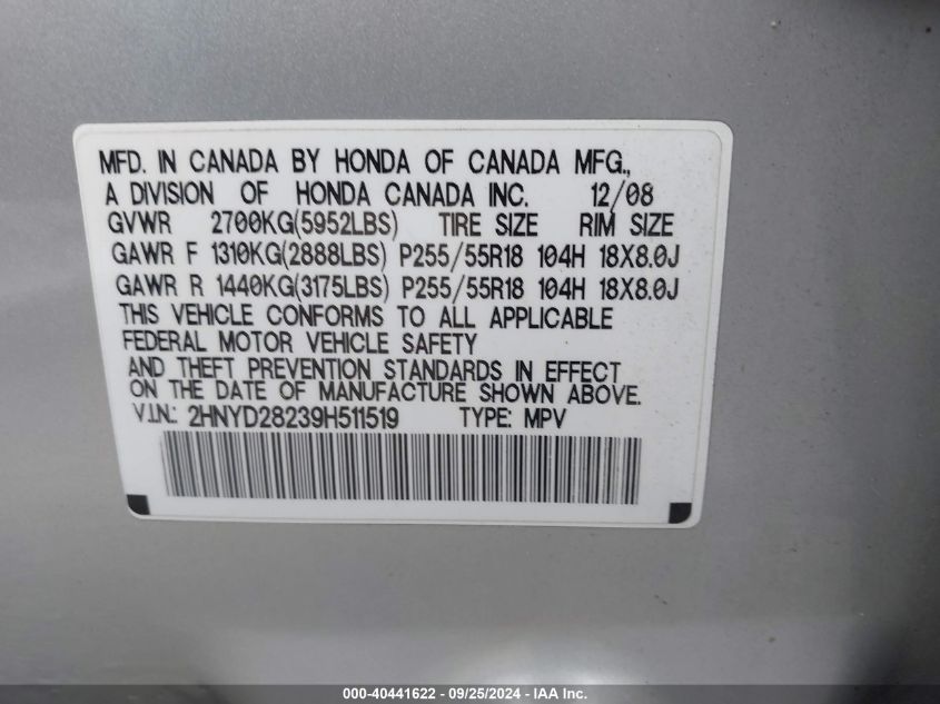 2HNYD28239H511519 2009 Acura Mdx