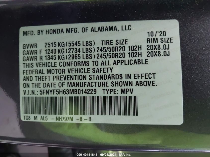 2021 Honda Pilot Touring VIN: 5FNYF5H63MB014229 Lot: 40441641