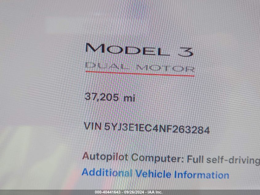 2022 Tesla Model 3 Performance Dual Motor All-Wheel Drive VIN: 5YJ3E1EC4NF263284 Lot: 40441643