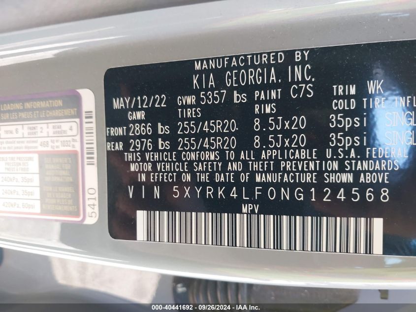 5XYRK4LF0NG124568 2022 Kia Sorento Sx/Sxp