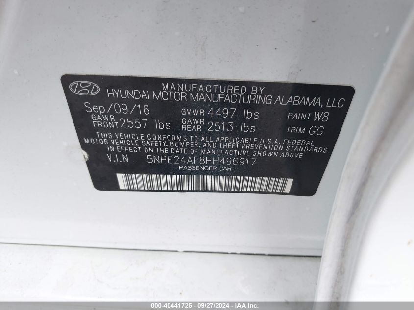 5NPE24AF8HH496917 2017 Hyundai Sonata