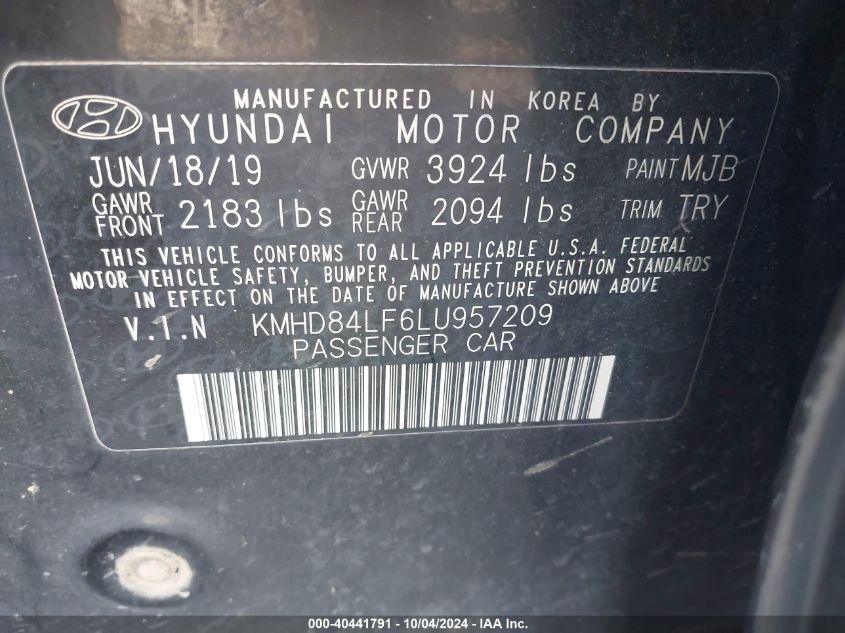 2020 Hyundai Elantra Sel VIN: KMHD84LF6LU957209 Lot: 40441791