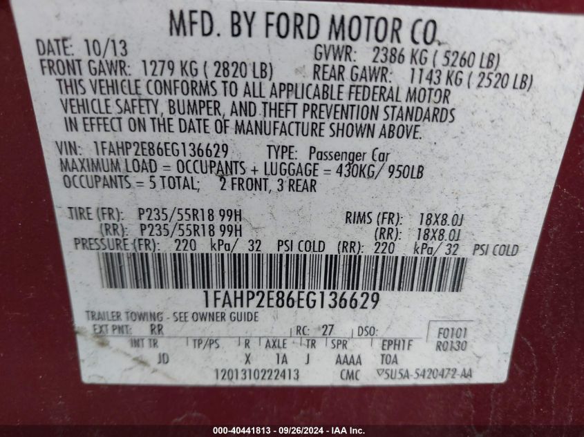 2014 Ford Taurus Sel VIN: 1FAHP2E86EG136629 Lot: 40441813