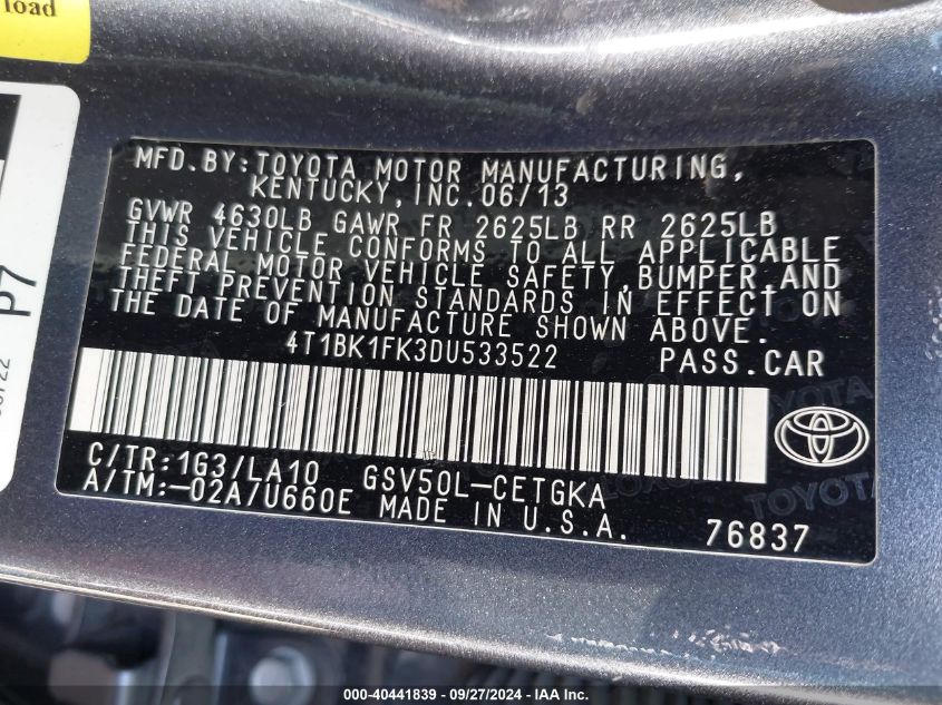 4T1BK1FK3DU533522 2013 Toyota Camry Xle V6