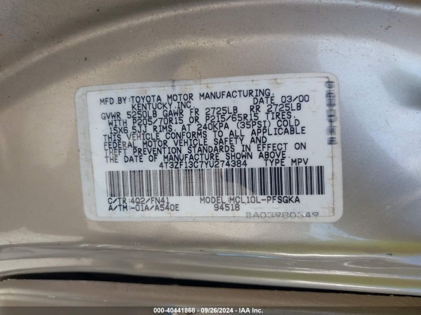 4T3ZF13C7YU274384 2000 Toyota Sienna Le