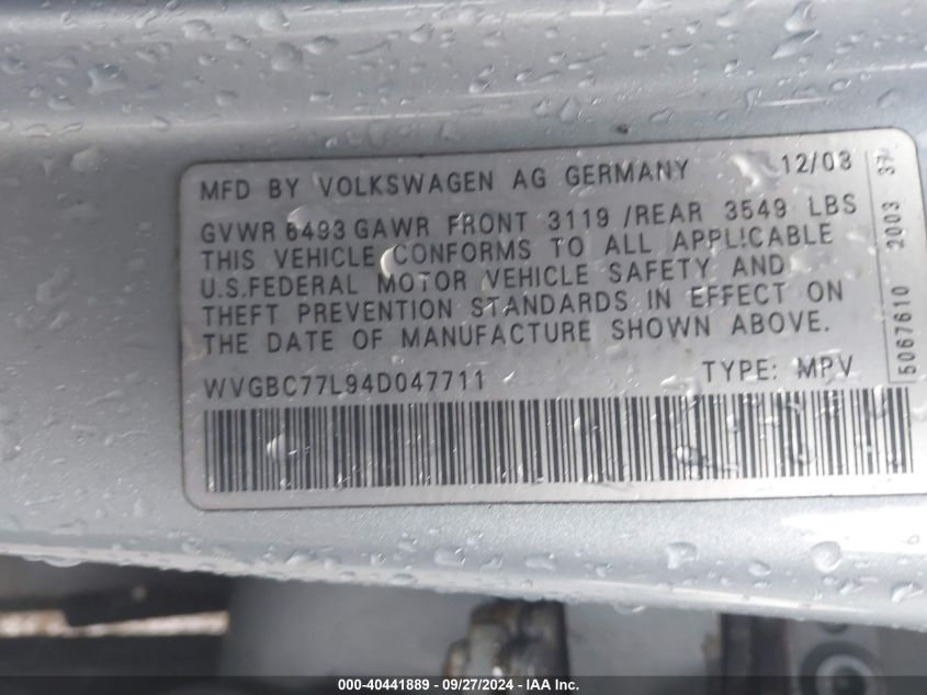 2004 Volkswagen Touareg V6 VIN: WVGBC77L94D047711 Lot: 40441889