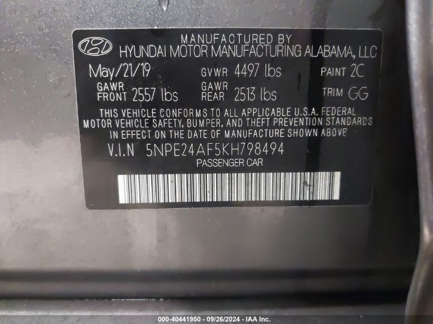 5NPE24AF5KH798494 2019 Hyundai Sonata Se