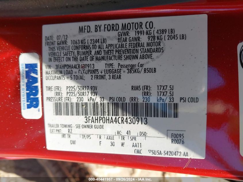 2012 FORD FUSION VIN: 3FAHP0HA4CR430913