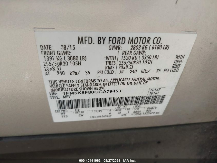 1FM5K8F80GGA79453 2016 Ford Explorer Limited