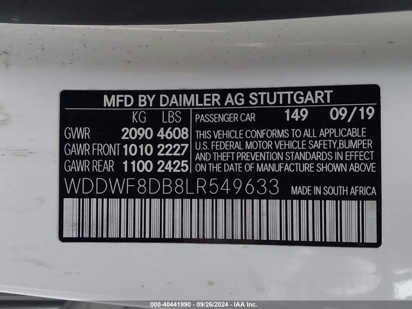 2020 Mercedes-Benz C 300 VIN: WDDWF8DB8LR549633 Lot: 40441990