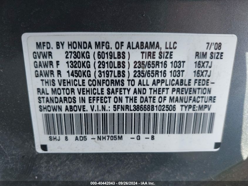 2008 Honda Odyssey Exl VIN: 5FNRL38668B102506 Lot: 40442043