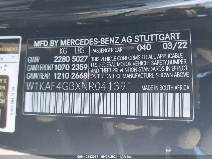 2022 Mercedes-Benz C 300 Sedan VIN: W1KAF4GBXNR041391 Lot: 40442057