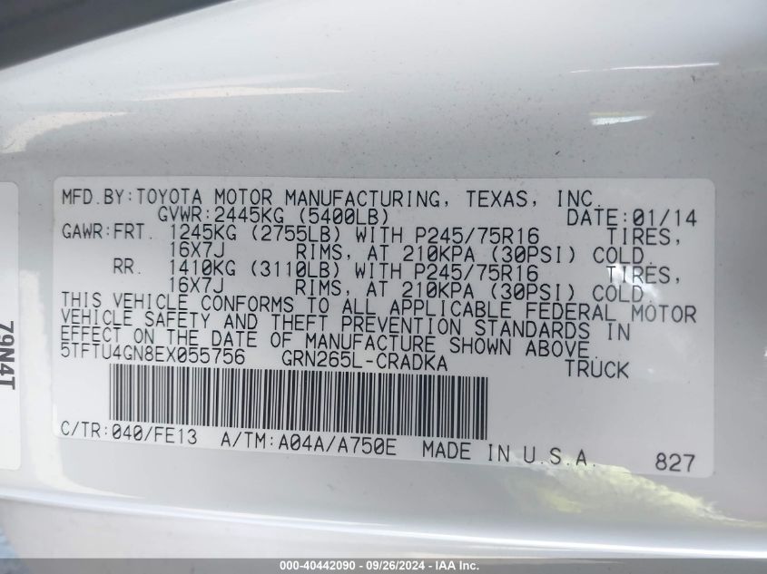 5TFTU4GN8EX055756 2014 Toyota Tacoma Prerunner Access Cab