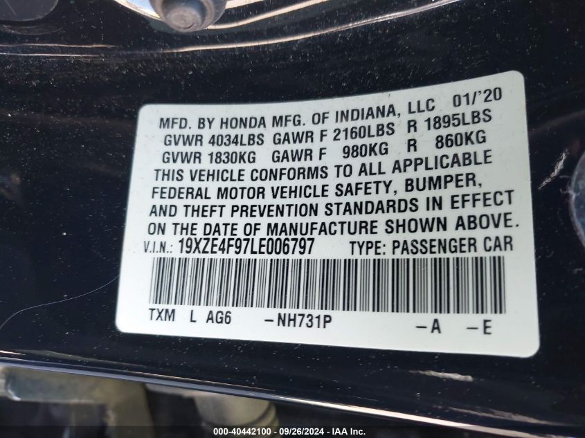 2020 Honda Insight Touring VIN: 19XZE4F97LE006797 Lot: 40442100