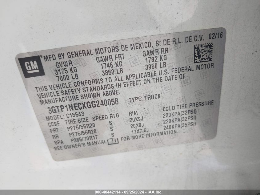 3GTP1NECXGG240058 2016 GMC Sierra 1500 Slt