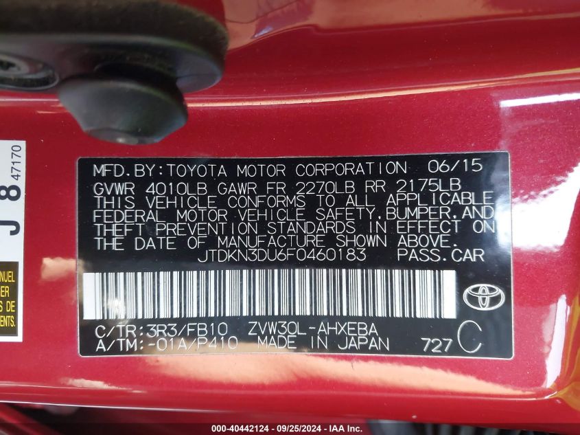 2015 Toyota Prius Three VIN: JTDKN3DU6F0460183 Lot: 40442124