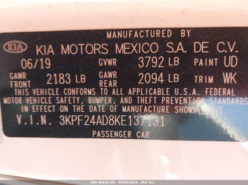 2019 Kia Forte Fe/Lx/Lxs VIN: 3KPF24AD8KE137131 Lot: 40442145