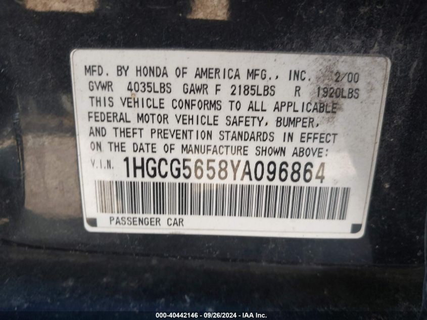 1HGCG5658YA096864 2000 Honda Accord Ex