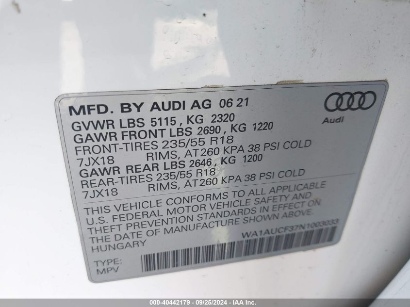 WA1AUCF37N1003033 2022 Audi Q3 Premium 40 Tfsi Quattro Tiptronic