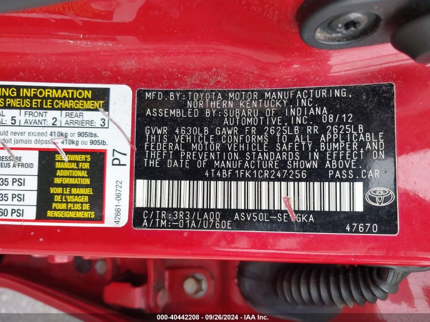 4T4BF1FK1CR247256 2012 Toyota Camry Xle