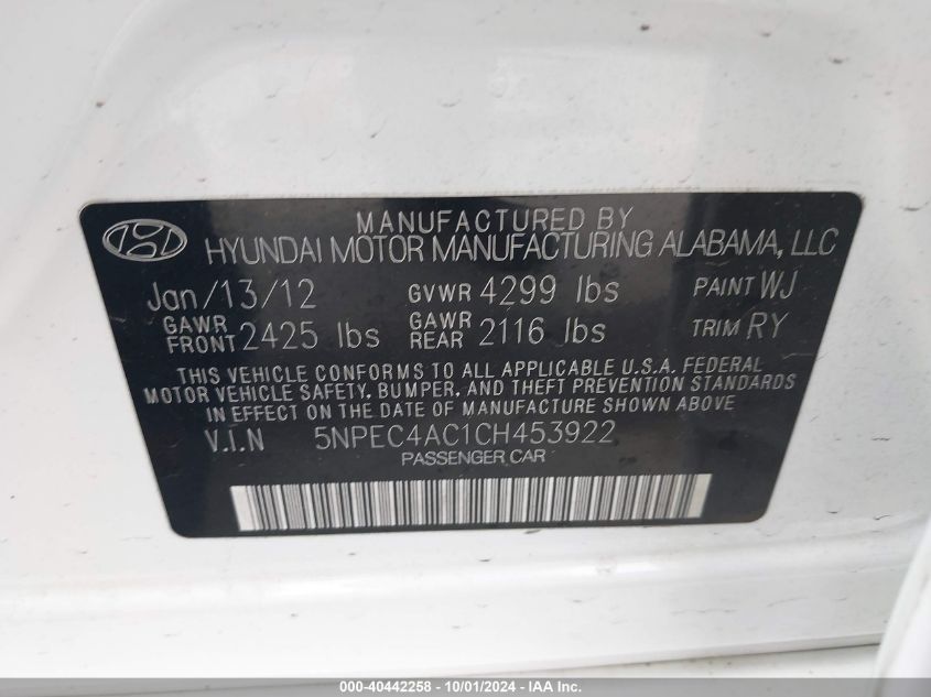 5NPEC4AC1CH453922 2012 Hyundai Sonata Limited