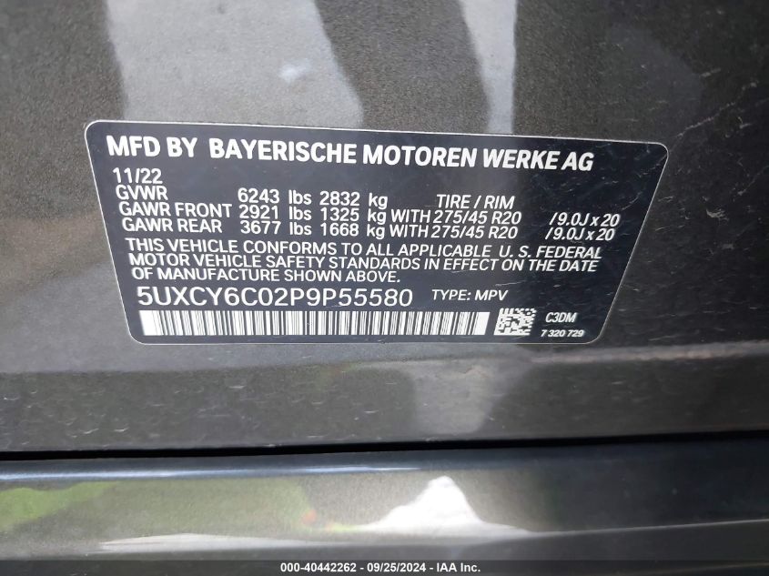 2023 BMW X6 xDrive40I VIN: 5UXCY6C02P9P55580 Lot: 40442262