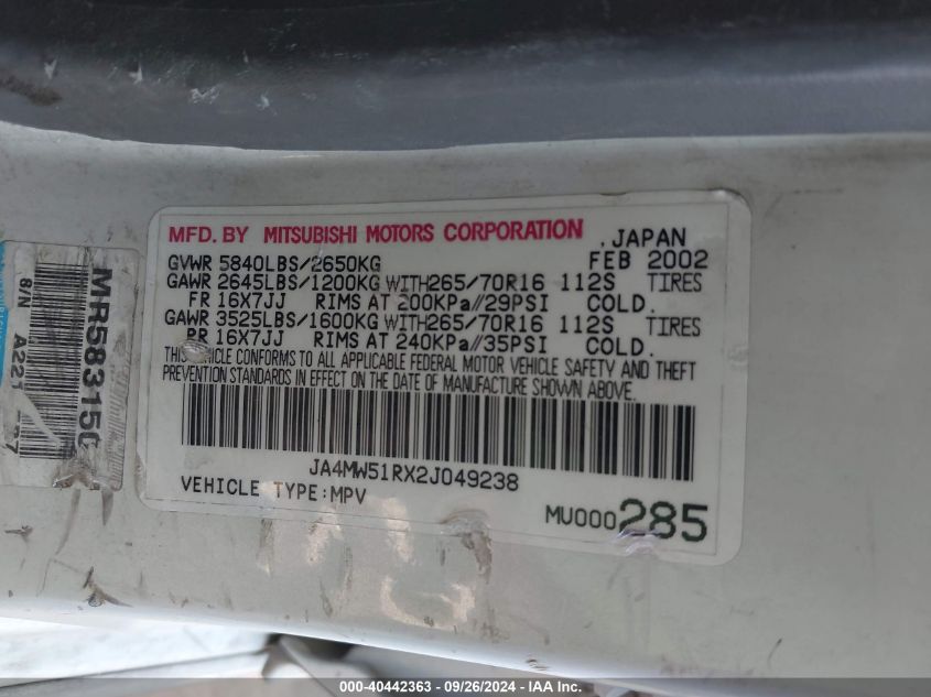 JA4MW51RX2J049238 2002 Mitsubishi Montero Limited