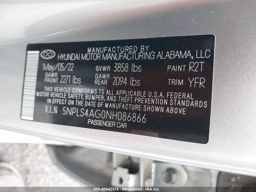 5NPLS4AG0NH086866 2022 Hyundai Elantra Sel