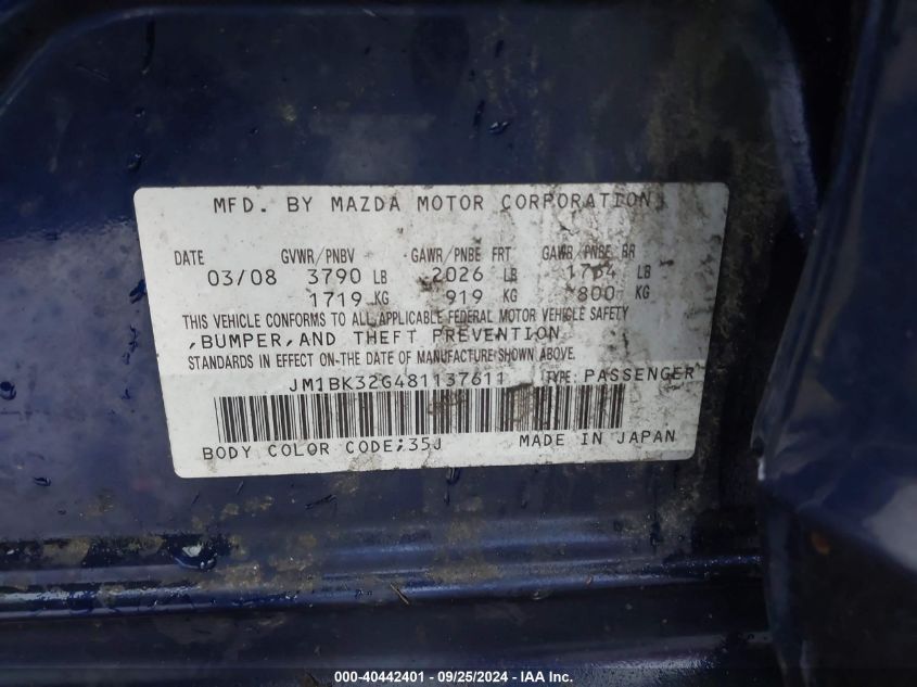 JM1BK32G481137611 2008 Mazda Mazda3 I Touring Value