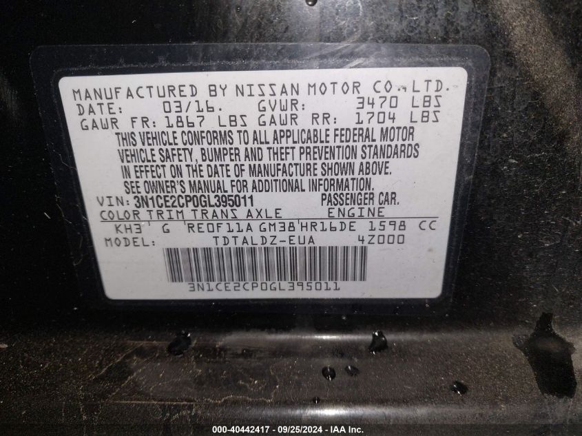 3N1CE2CP0GL395011 2016 Nissan Versa Note S (Sr)/S Plus/Sl/Sr/Sv