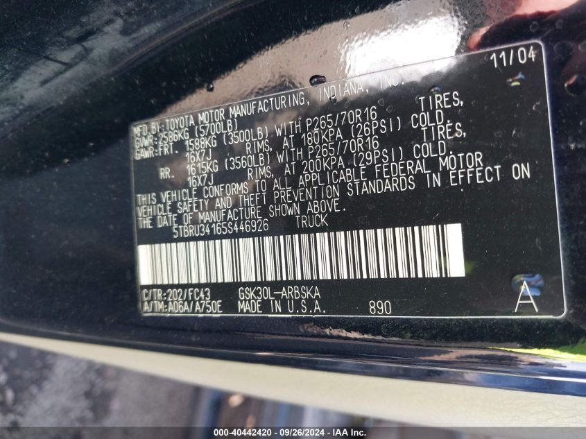 5TBRU34165S446926 2005 Toyota Tundra Sr5