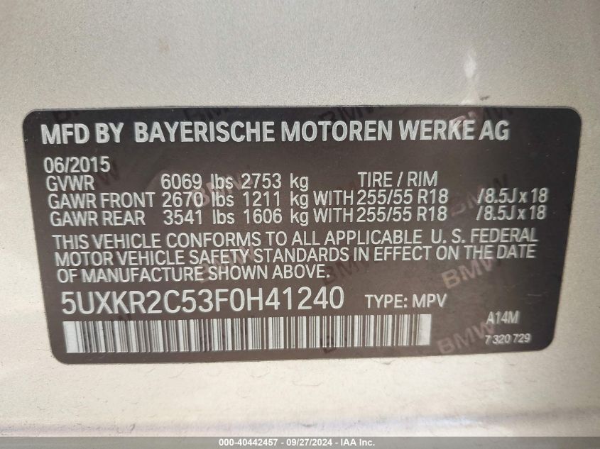 2015 BMW X5 Sdrive35I VIN: 5UXKR2C53F0H41240 Lot: 40442457