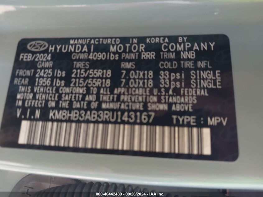 2024 Hyundai Kona Sel VIN: KM8HB3AB3RU143167 Lot: 40442480