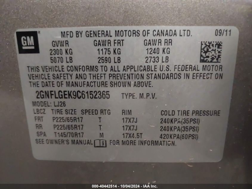 2GNFLGEK9C6152365 2012 Chevrolet Equinox Ltz