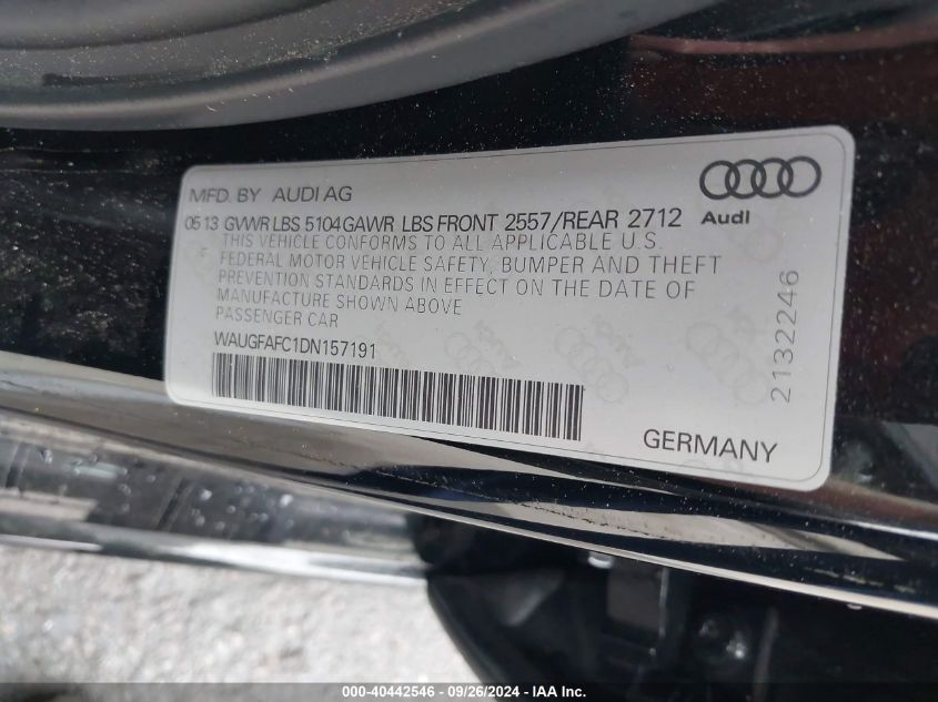 2013 Audi A6 Premium Plus VIN: WAUGFAFC1DN157191 Lot: 40442546