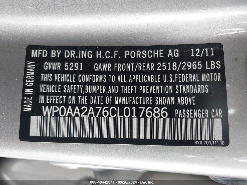 2012 Porsche Panamera 4 VIN: WP0AA2A76CL017686 Lot: 40442571
