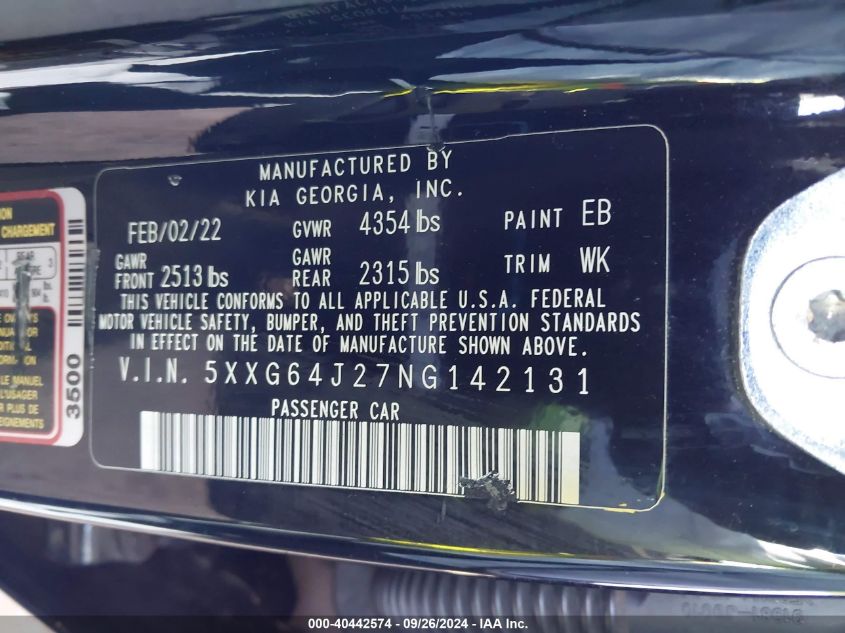 2022 KIA K5 1.6L I4   N(VIN: 5XXG64J27NG142131