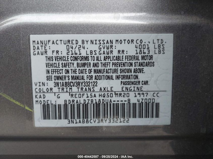 2024 Nissan Sentra Sv Xtronic Cvt VIN: 3N1AB8CV3RY332122 Lot: 40442587