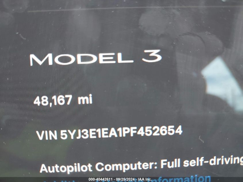 2023 Tesla Model 3 Rear-Wheel Drive VIN: 5YJ3E1EA1PF452654 Lot: 40442611