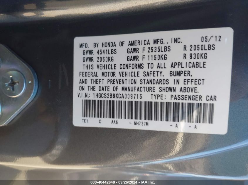 1HGCS2B8XCA009715 2012 Honda Accord Exl