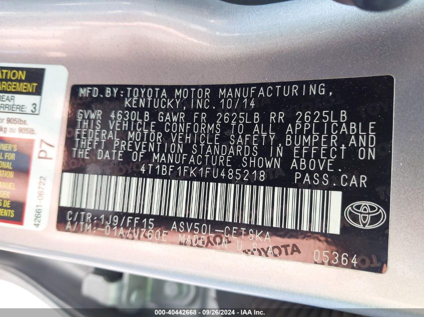 4T1BF1FK1FU485218 2015 Toyota Camry Se
