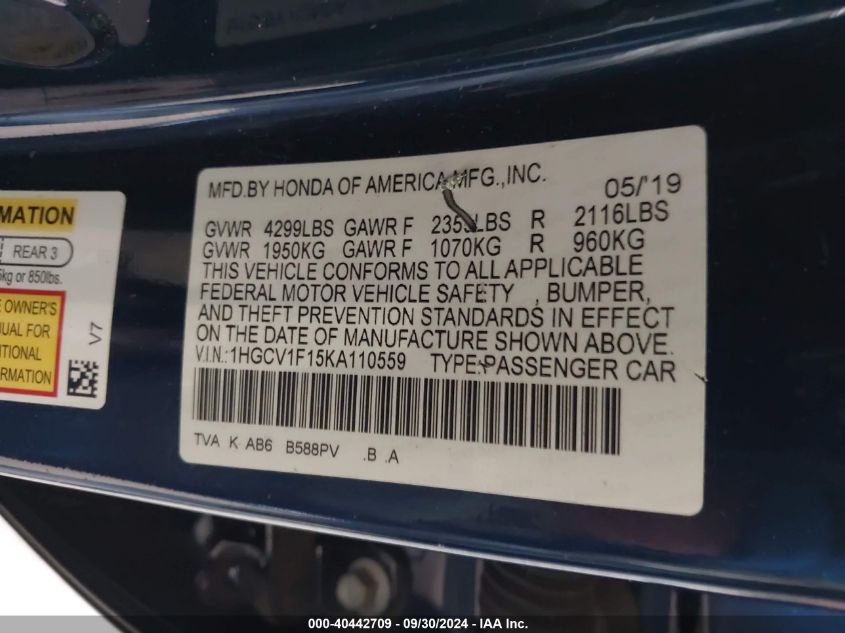 1HGCV1F15KA110559 2019 Honda Accord Lx