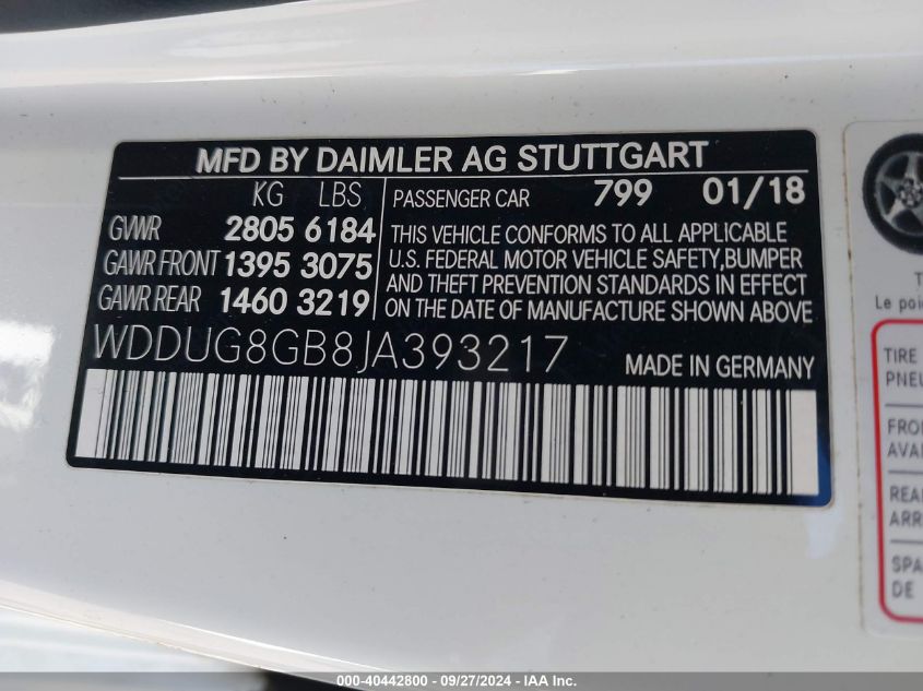 2018 Mercedes-Benz S 560 4Matic VIN: WDDUG8GB8JA393217 Lot: 40442800