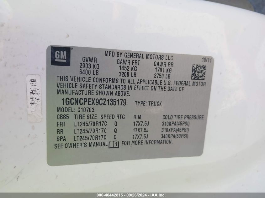 1GCNCPEX9CZ135179 2012 Chevrolet Silverado 1500 Work Truck