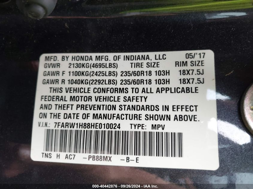 2017 Honda Cr-V Ex-L/Ex-L Navi VIN: 7FARW1H88HE010024 Lot: 40442876