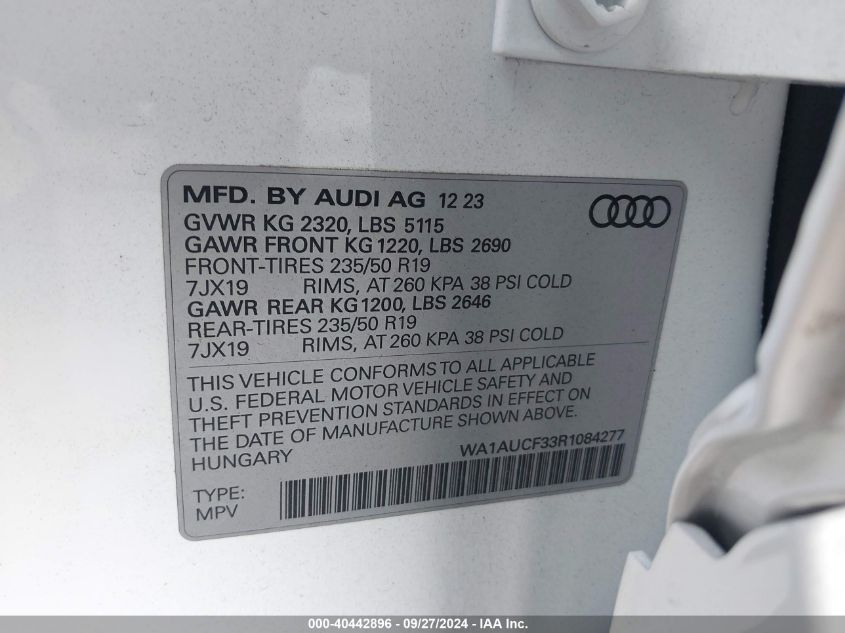 2024 Audi Q3 Premium 40 Tfsi Quattro Tiptronic VIN: WA1AUCF33R1084277 Lot: 40442896